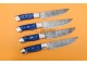 4 piece Custom Handmade Damascus Steel Fixed Blade Kitchen Steak Knives Set, Blue Micarta Sheet Handle, Steel Bolster, Handstitched Leather Bag