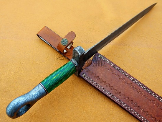Custom Handmade Damascus Mini Sword, 24" Green Micarta Sheet Handle, Razor Sharp